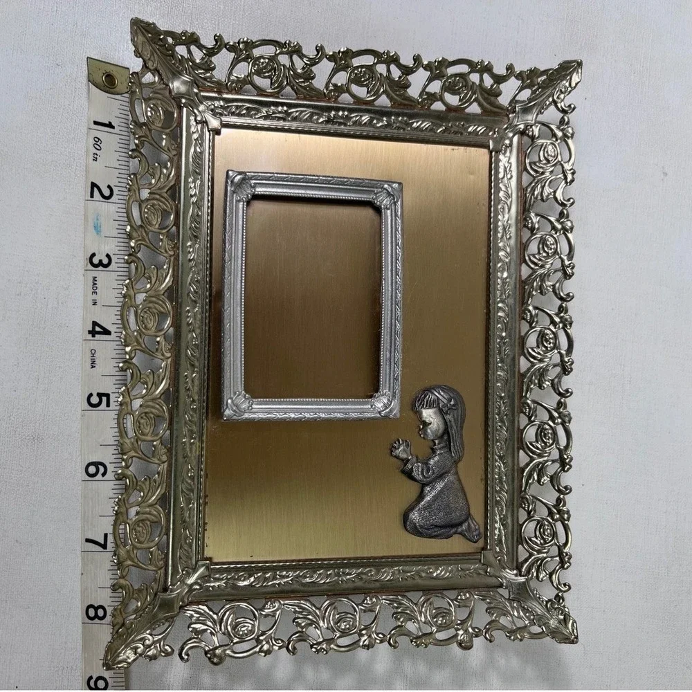 Vintage Ornate Metal Picture Frame Praying Girl Religious Decor‎ Vignette Glam